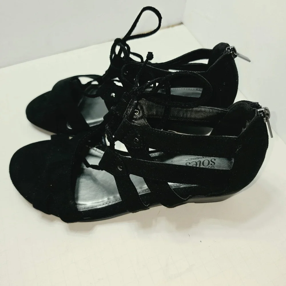 Catherines Good Soles Black Faux Suede Lace Up Gladiator Wedge Sandals Womens 9M